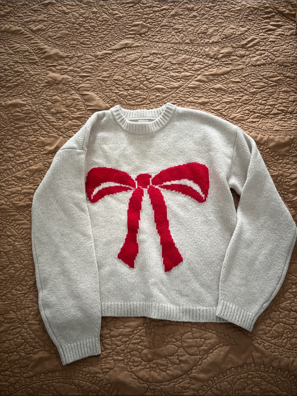 a new day White Crewneck Sweater with Red Bow Graphic